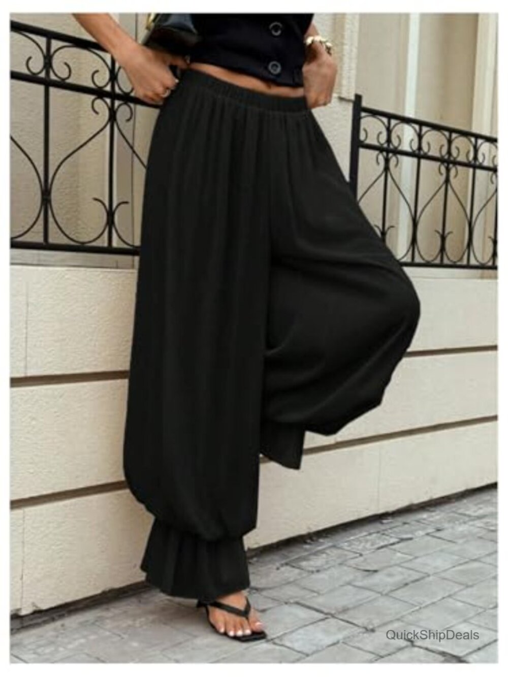 Wide Leg Baggy Balloon Pants Ruffle Hem Elastic Waist Flowy Trousers - Picture 3 of 5
